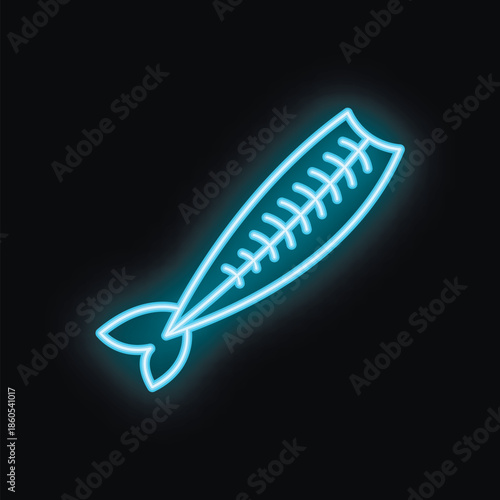 Blue neon sign showing a fishbone on a black background
