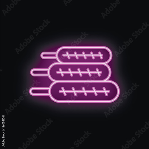 Bright purple neon sign of three sausages on a stick glowing on a black background