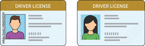 Illustrated Driver License ID Card Comparison Showing Male and Female Identification Document Design for Personal Identity and Verification Concept