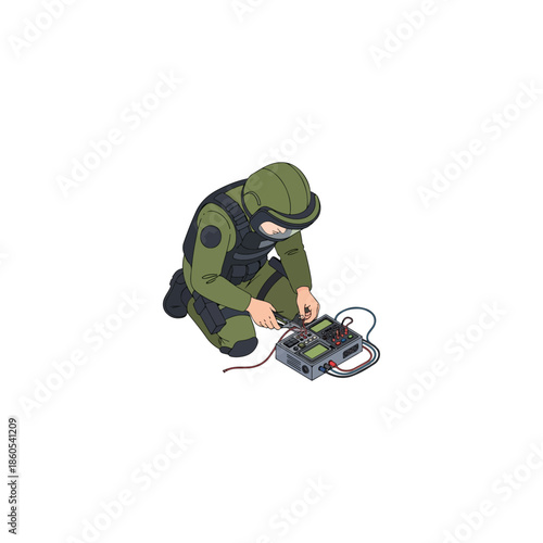 Bomb disposal technician in heavy protective suit operating portable console.