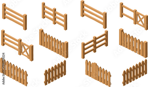 Isometric wooden fence and gate collection, farm barrier elements, countryside enclosure objects, brown vector illustration set