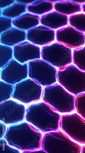 Hexagonal Grid: A vibrant, glowing grid with a honeycomb pattern radiates a mesmerizing spectrum of electric blue and radiant pink, creating a visually captivating futuristic and high-tech display.