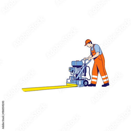 Construction worker using road marking machine illustration.