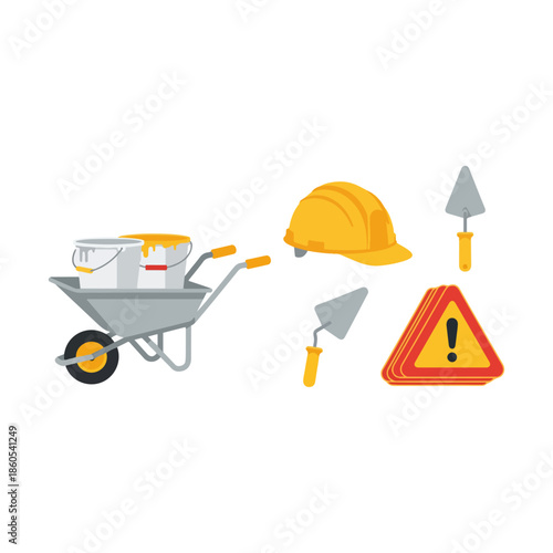 Construction tools set with wheelbarrow hardhat trowels and warning sign.