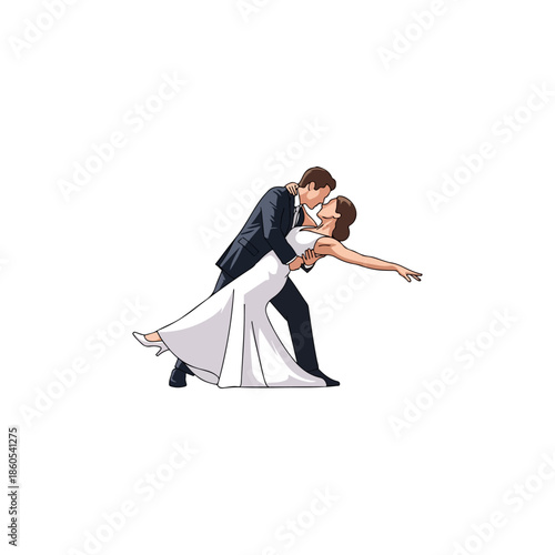 Elegant bride and groom dip dance kiss.