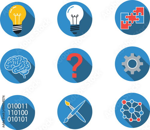 Creative idea and problem solving icon set with lightbulb brain puzzle gear data and innovation symbols flat vector