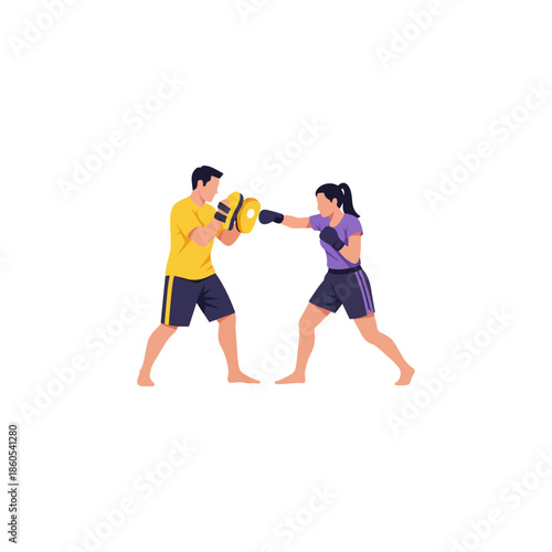 Female boxer training with coach using pads.