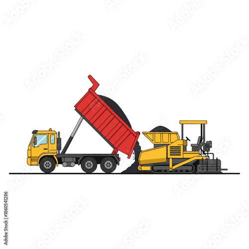 Dump truck unloading into asphalt paving machine.