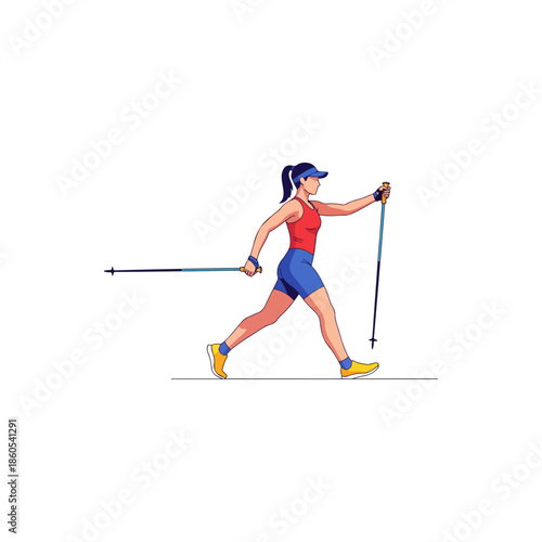Female athlete practicing nordic walking with poles.