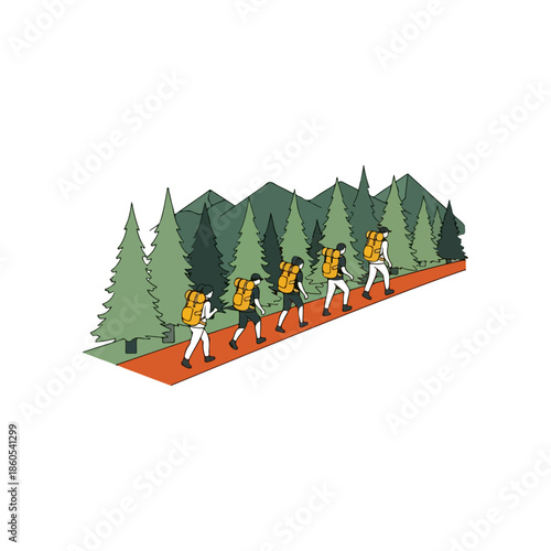 Four hikers trekking in line with backpacks.