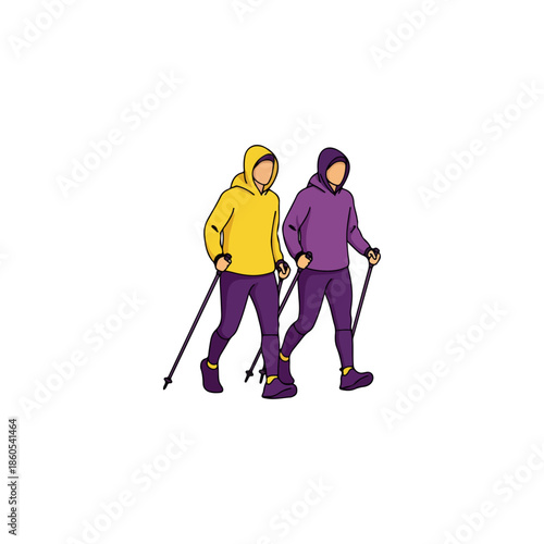 Two hikers in hoodies with trekking poles walking together.