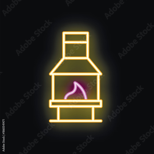Neon icon of a fireplace burning with yellow and purple flames