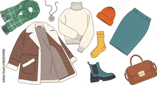 Cozy autumn winter fashion clothing set with coat sweater scarf boots skirt hat and accessories flat vector