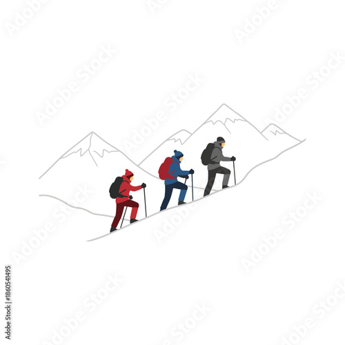 Three hikers trekking uphill with backpacks and poles.