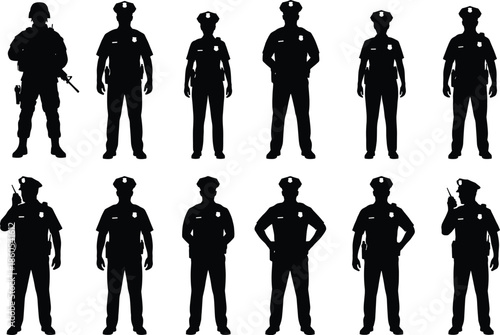 Police officer silhouette set in various standing poses, law enforcement uniform figures, security concept, cad drawing flat vector illustration