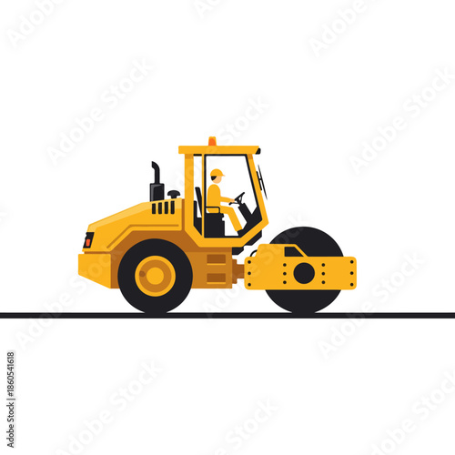 Yellow road roller compactor side view illustration.