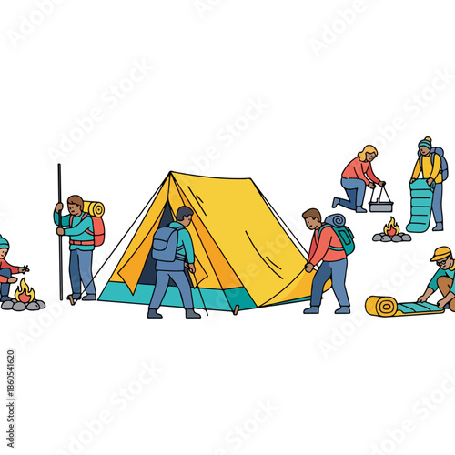 Illustrated campers setting up tent and gear.
