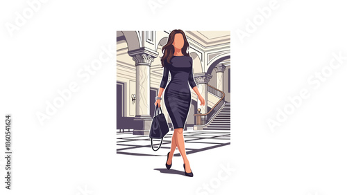 Modern vector illustration of elegant woman walking through luxury hotel lobby, premium lifestyle and high-end travel concept ideal for hospitality and luxury branding