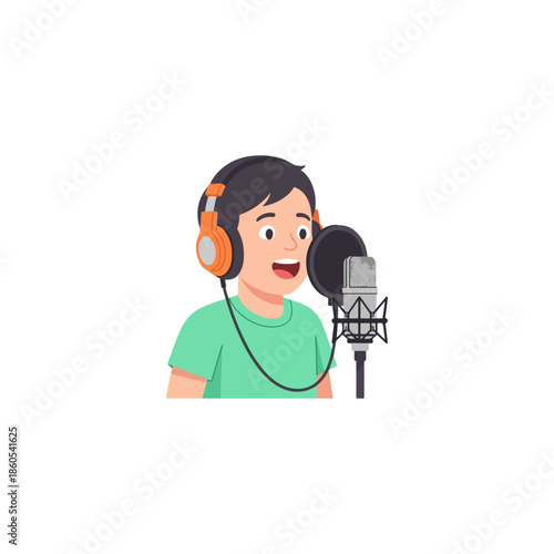 Young man with headphones recording audio into a microphone.