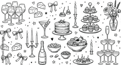 Party celebration items, wine glasses, cake, cheese, cupcakes, festive table, romantic decor, elegant sketch, flat vector illustration