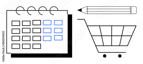 Planner organization, productivity, retail workflow, e-commerce scheduling, time management, shopping planning. A calendar, pencil and shopping cart icon. Planner organization and retail workflow