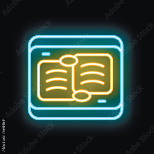 Bright neon icon of an open book displayed on a tablet screen, representing online education