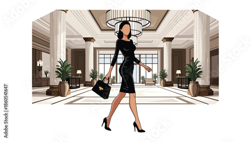Modern vector illustration of elegant woman walking through luxury hotel lobby, premium lifestyle and high-end travel concept ideal for hospitality and luxury branding