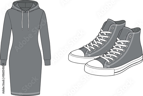 Sweatshirt dress, high-top sneakers, grey outfit, casual fashion, sporty style, everyday wear, apparel mockup, flat vector illustration