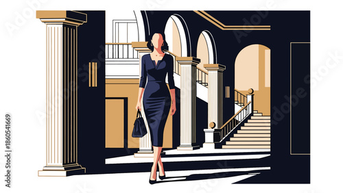 Modern vector illustration of elegant woman walking through luxury hotel lobby, premium lifestyle and high-end travel concept ideal for hospitality and luxury branding