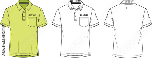 Polo shirt technical flat sketch, front back view, cad drawing flat vector illustration, apparel fashion design template for men clothing