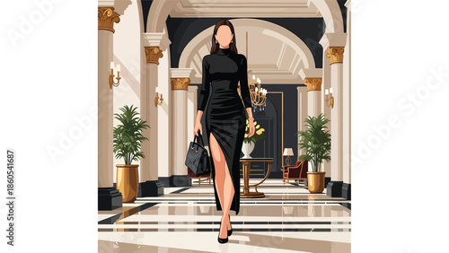 Modern vector illustration of elegant woman walking through luxury hotel lobby, premium lifestyle and high-end travel concept ideal for hospitality and luxury branding