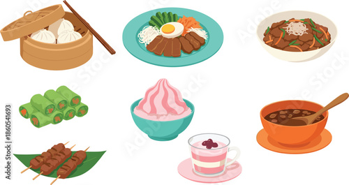 Traditional Asian food collection featuring dim sum dumplings bibimbap spring rolls meat skewers and sweet desserts for restaurant menu and culinary vector design.