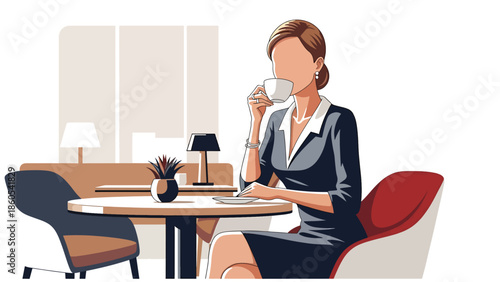 Modern vector illustration of stylish woman enjoying coffee at upscale café, refined urban lifestyle and luxury leisure concept for premium brands