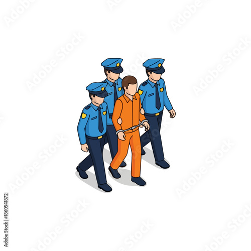 Police officers escorting handcuffed inmate isometric illustration.