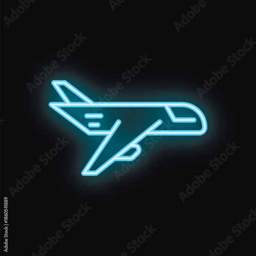 Blue neon sign of an airplane taking off, on a black background
