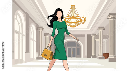 Modern vector illustration of elegant woman walking through luxury hotel lobby, premium lifestyle and high-end travel concept ideal for hospitality and luxury branding