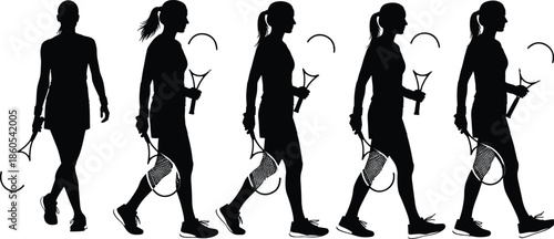 Female Tennis Player Silhouette Vector Set Showing Professional Woman Walking With Racket for Sports Fitness Training Tournament Club and Lifestyle Designs