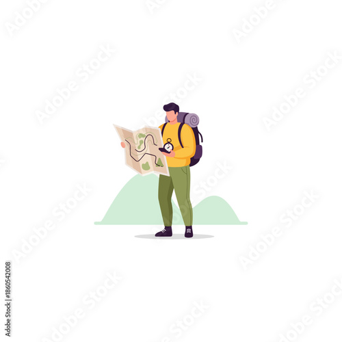 Hiker with backpack reading map vector illustration.
