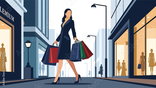 Modern vector illustration of fashionable woman shopping with luxury bags in city street, high-end fashion and premium consumer lifestyle concept