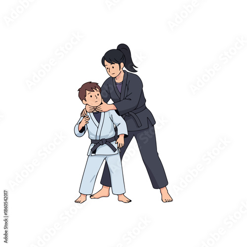 Instructor demonstrating grappling choke on young judo student.