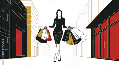 Modern vector illustration of fashionable woman shopping with luxury bags in city street, high-end fashion and premium consumer lifestyle concept