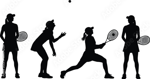 Female Tennis Player Silhouettes Set Performing Various Actions Including Serving Hitting Ball and Standing in Sportswear for Athletic Design
