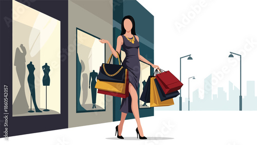 Modern vector illustration of fashionable woman shopping with luxury bags in city street, high-end fashion and premium consumer lifestyle concept