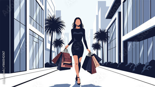 Modern vector illustration of fashionable woman shopping with luxury bags in city street, high-end fashion and premium consumer lifestyle concept