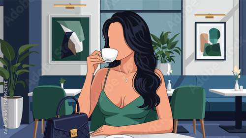 Modern vector illustration of stylish woman enjoying coffee at upscale café, refined urban lifestyle and luxury leisure concept for premium brands