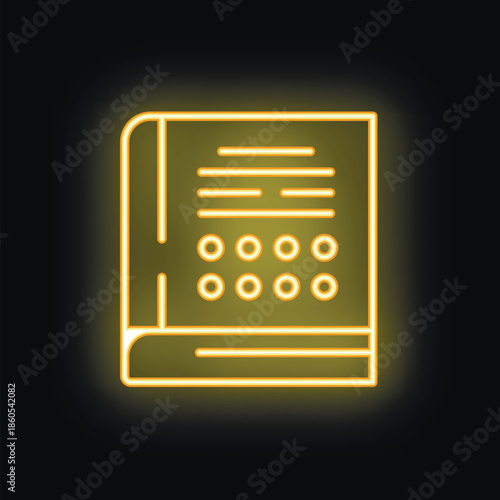 Yellow neon sign of a book with braille on the cover glowing in the dark