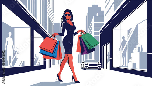 Modern vector illustration of fashionable woman shopping with luxury bags in city street, high-end fashion and premium consumer lifestyle concept