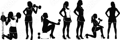 Fit Women Gym Silhouettes Set with Female Athletes Lifting Weights Training with Dumbbells and Barbells Bodybuilding Fitness Workout Vector Illustration (20 words)