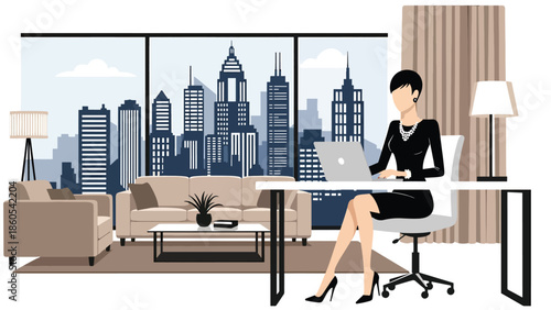 Modern vector illustration of confident woman working in luxury penthouse with city skyline view, success, wealth, and executive lifestyle concept