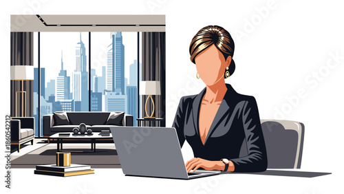 Modern vector illustration of confident woman working in luxury penthouse with city skyline view, success, wealth, and executive lifestyle concept